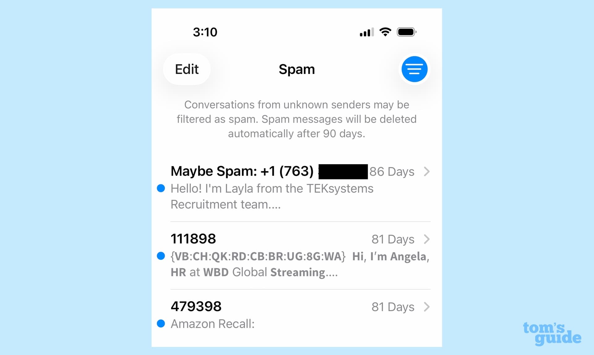 tin nhắn spam bị lọc trong Messages