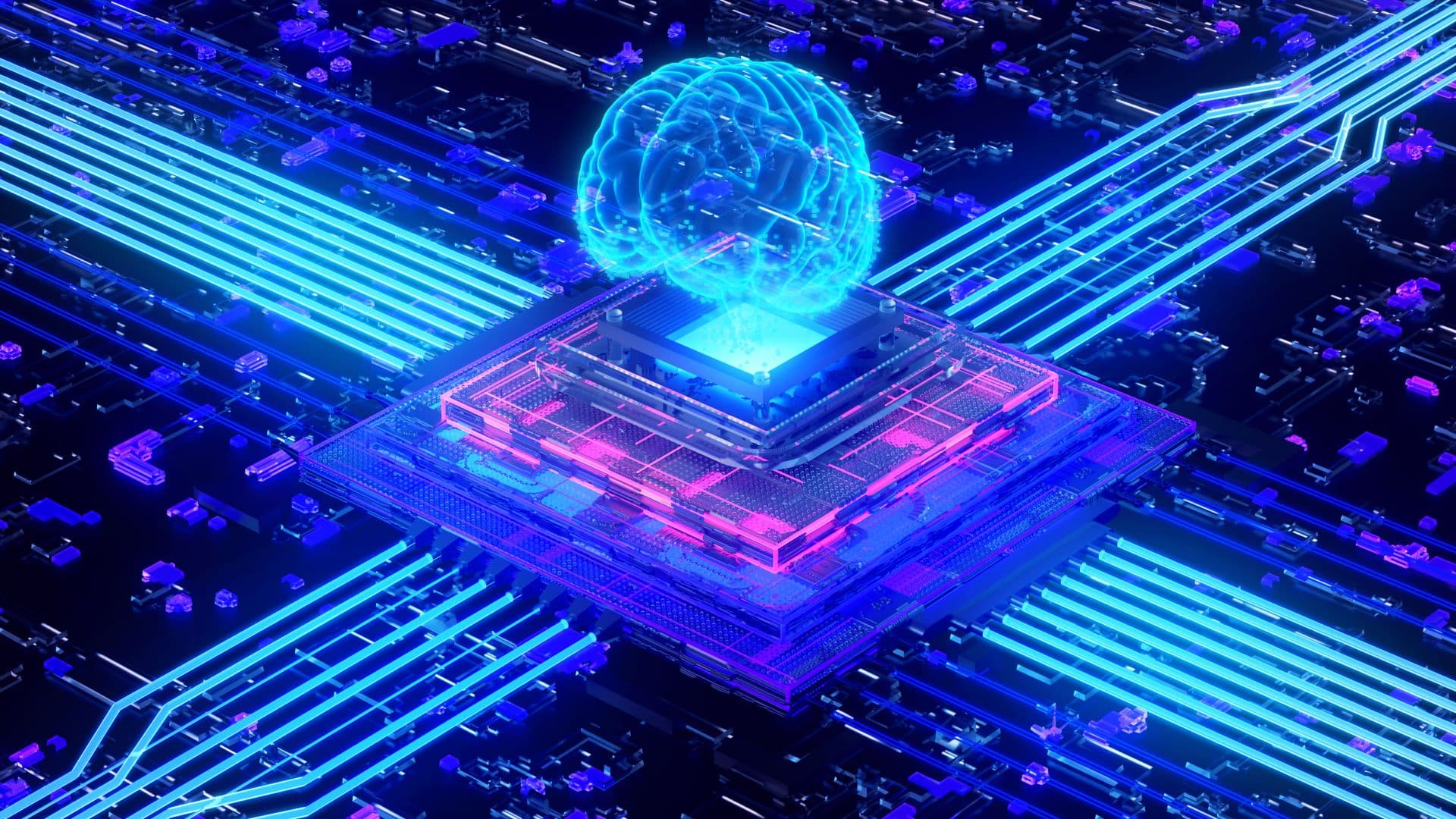 Hình trừu tượng bo mạch và CPU tạo hình não AI