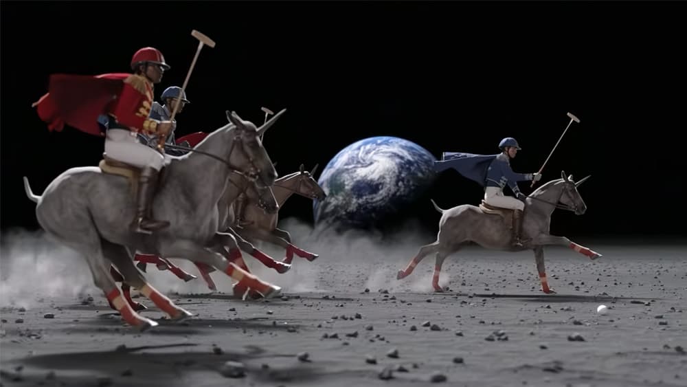 Hình ảnh do AI tạo về người chơi polo cưỡi ngựa trên mặt trăng