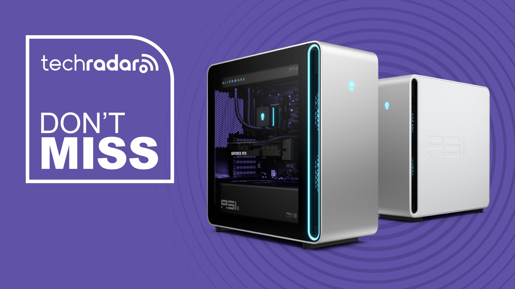 Alienware Area-51 gaming pc on purple background với chữ 'đừng bỏ lỡ'