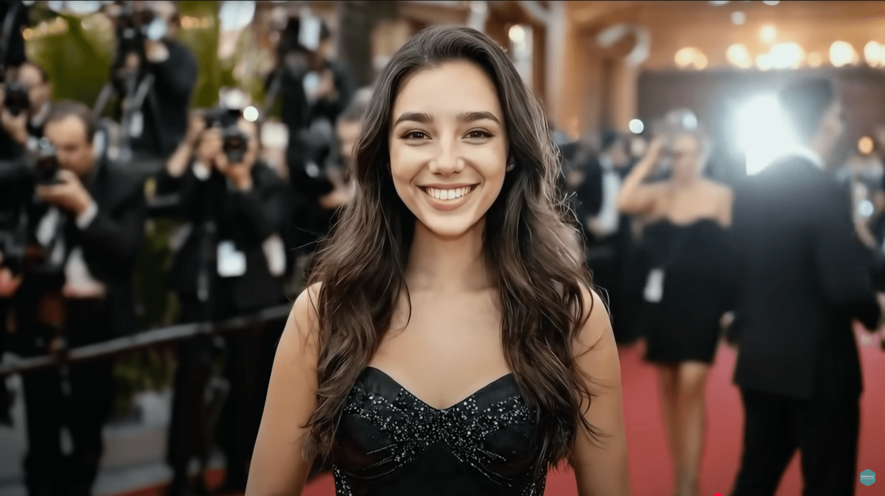 A young woman with long, dark, wavy hair is smiling broadly and looking directly at the camera while standing on a red carpet.