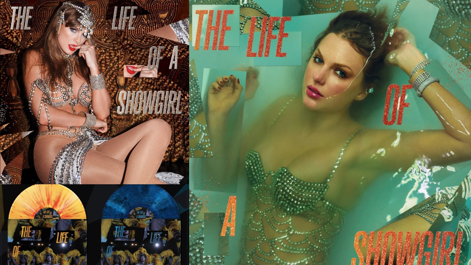Một bức ảnh ghép của bìa album "THE LIFE OF A SHOWGIRL," thể hiện Taylor Swift trong trang phục showgirl đính đá pha lê, xuất hiện trong bối cảnh phong phú bên trái và ngập mình trong làn nước màu ngọc lam rực rỡ bên phải. Các hình ảnh là phần trình bày khái niệm cho album, kèm theo bản vinyl được đặt phía dưới ảnh chính.
