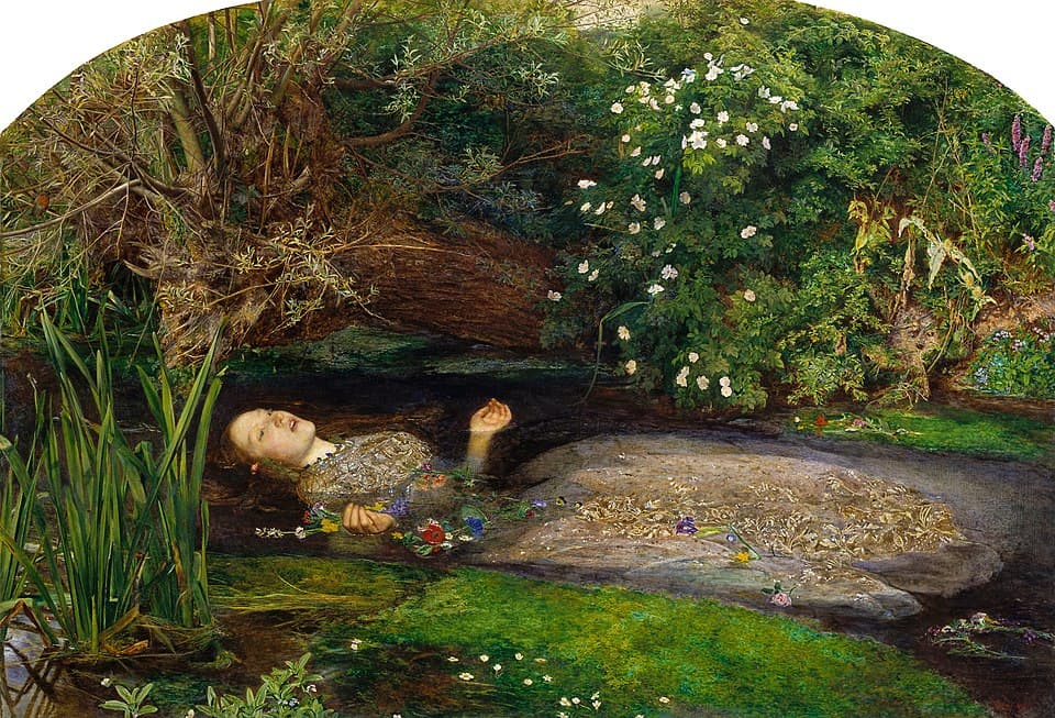 Một bức tranh khắc họa Ophelia trong vở Hamlet của Shakespeare, đang hát trước khi chết đuối trong một dòng suối. Cảnh tượng ghi lại khoảnh khắc cô nổi trên mặt nước, miệng hơi mở, như thể đang cất tiếng ca cuối cùng.