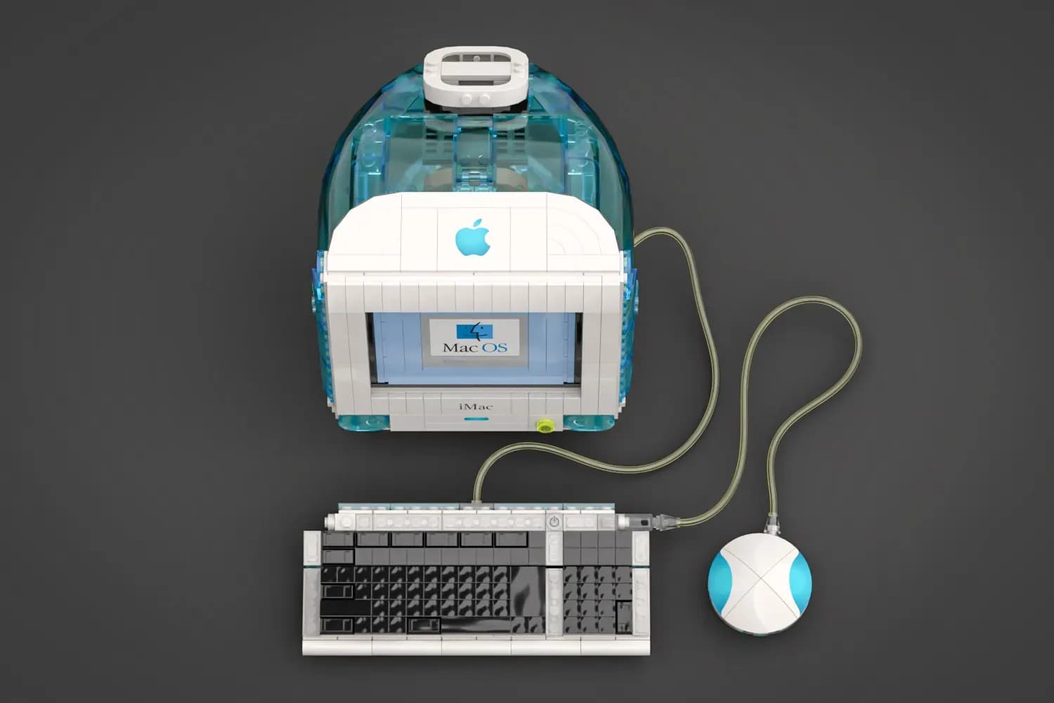 A render of a Lego Apple iMac G3