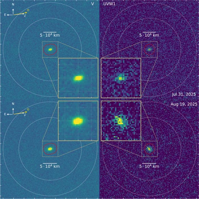 A diagram showing the comet's position on Jul 31, 2025 and Aug 19 2025