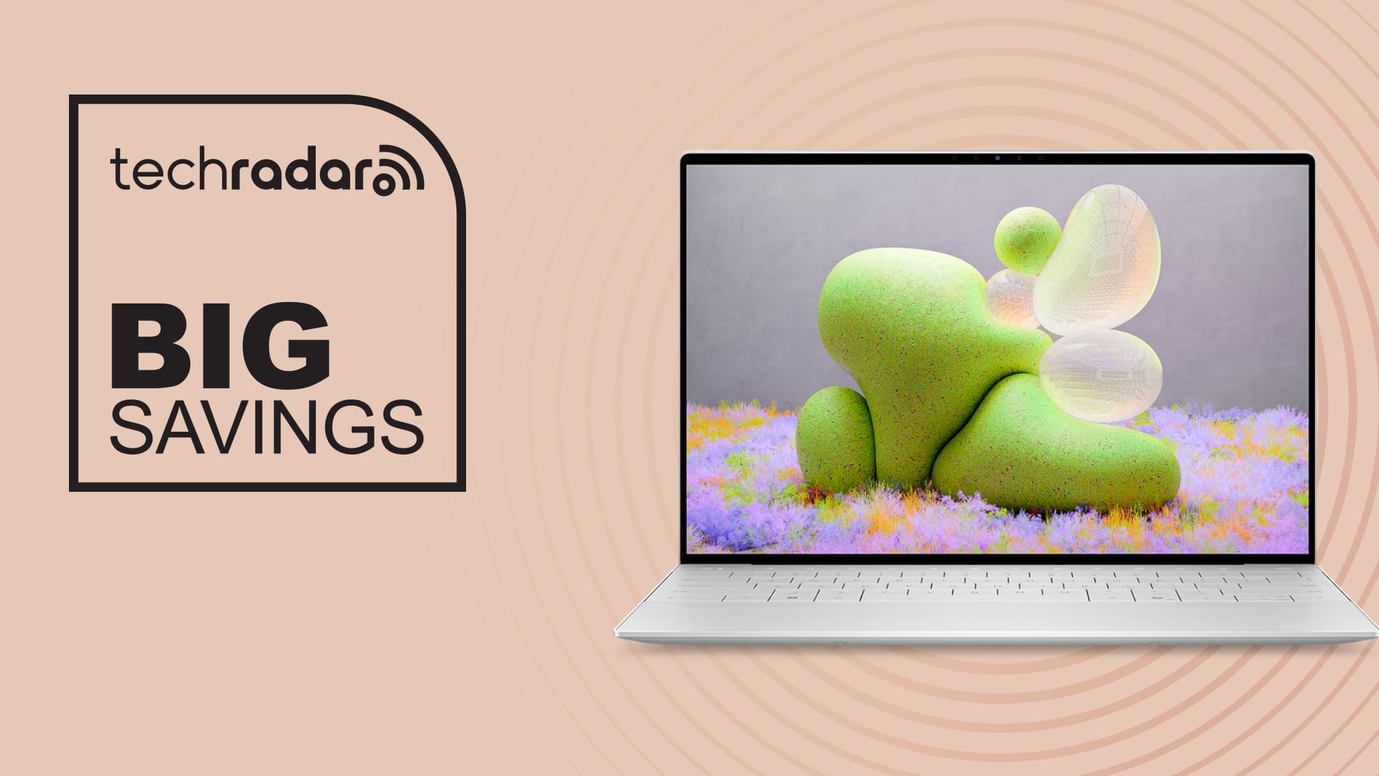 Dell XPS 13 trên nền hồng với văn bản tiết kiệm lớn