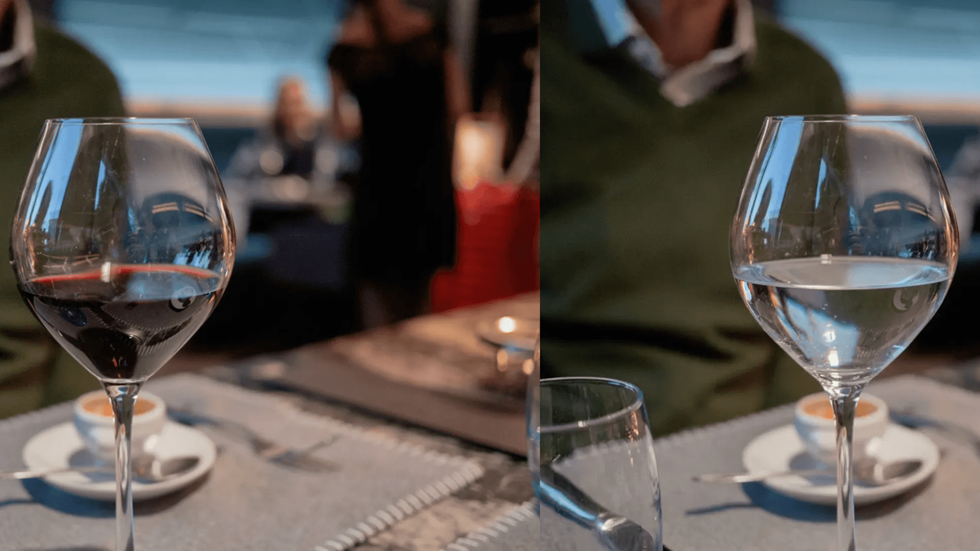 An image of wine in a wine glass beside and image where the wine has been turned into water using Nano Banana AI on Camera Intelligence Caira camera