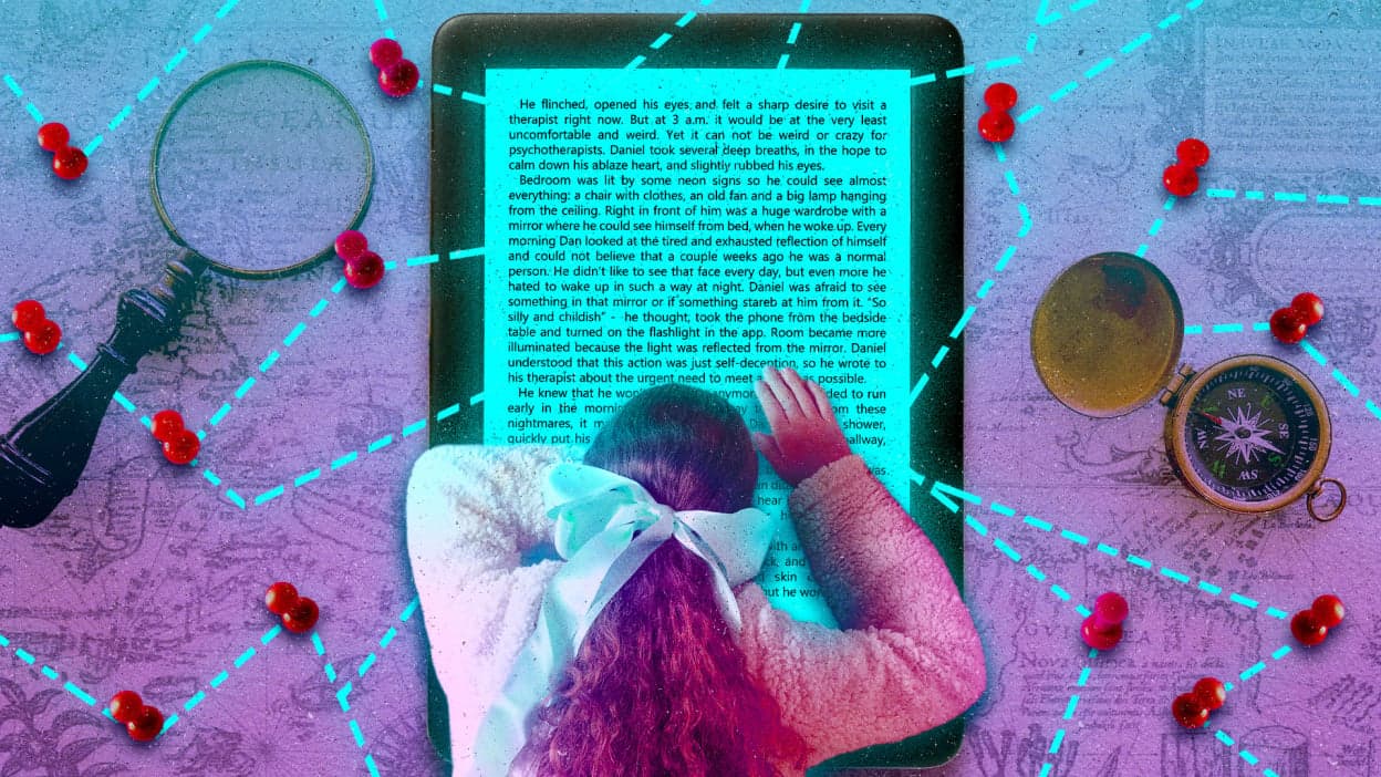 An illustration of a person reading a giant e-reader.