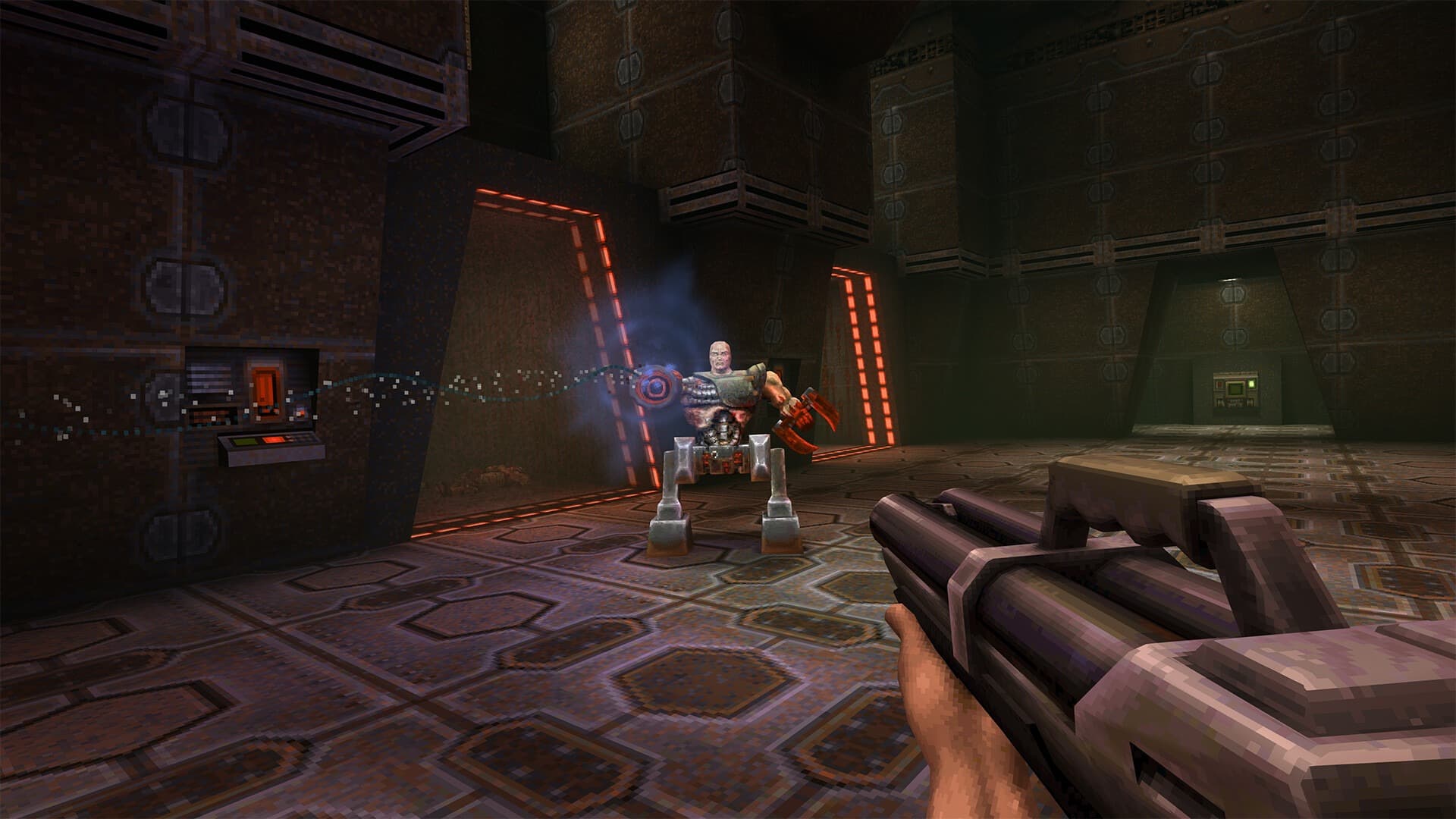 Ảnh chụp màn hình trải nghiệm game của Microsoft Copilot hiển thị một robot kẻ thù đứng đối diện khi bạn cầm súng.