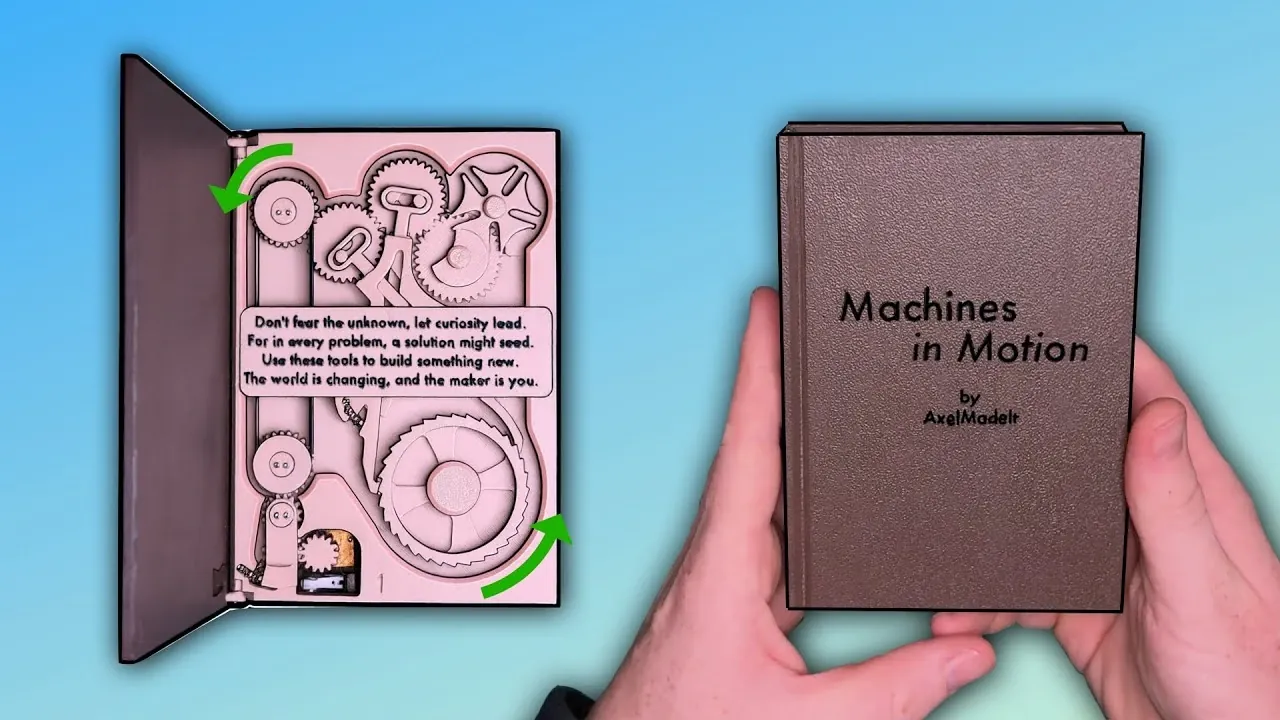Cận cảnh một cuốn sách cơ khí in 3D với các bánh răng và mạch chức năng