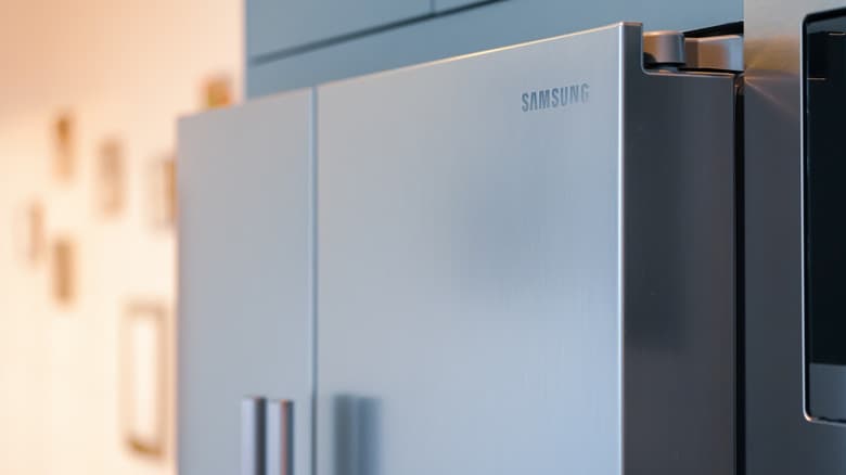 A close up of a Samsung fridge with French doors.